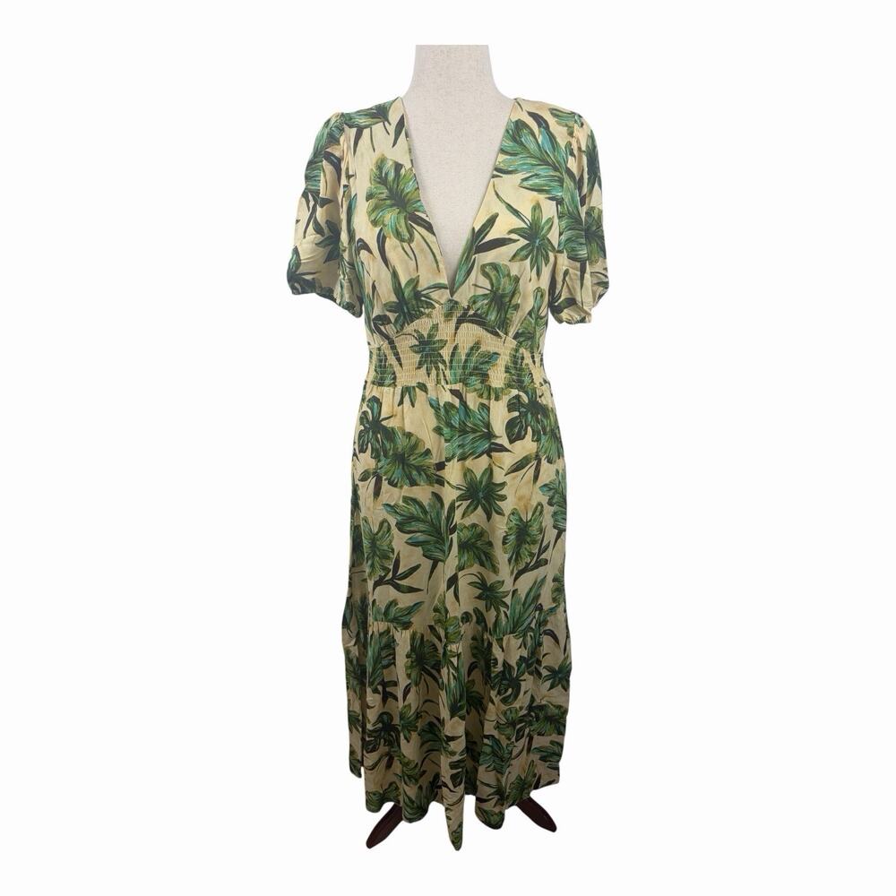 1.STATE Womens Large Tropical Palm Print Maxi Dress Smocked Waist Green